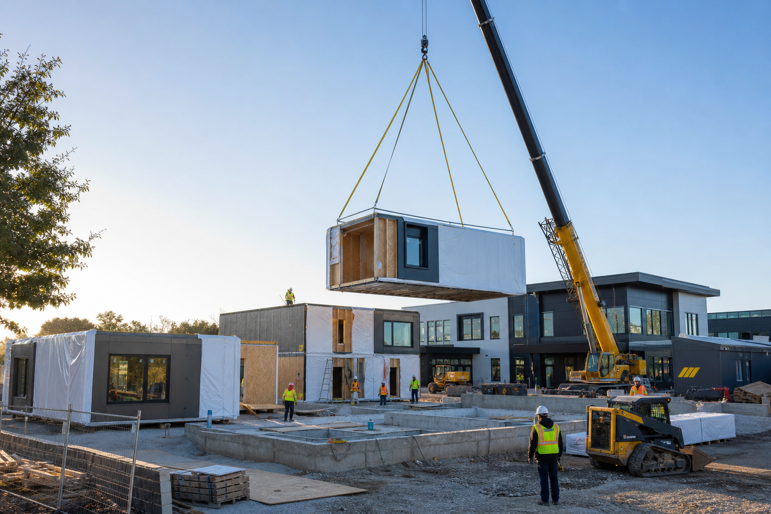 Commercial modular building sections being installed by a construction crew