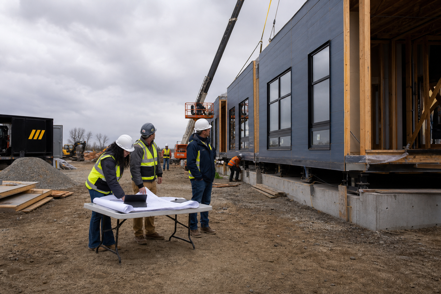 Project team reviewing a commercial modular building site